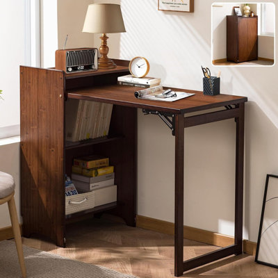 Bureau pliable en bambou avec tablette de rangement, bureau d'ordinateur peu encombrant pour petits espaces, table d'écriture portable pour bureau à domicile, chambre à coucher, dortoir