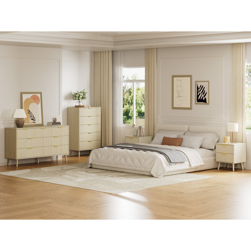Ensemble de chambre à coucher, commode et tables de chevet 4 pièces, Crème