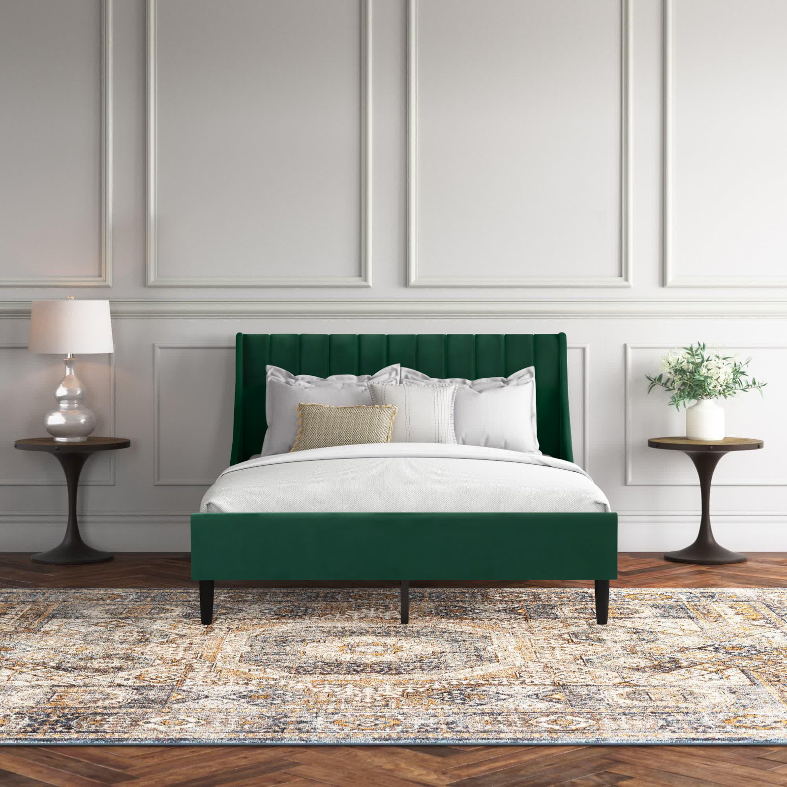 Helaina Upholstered Wingback Bed, Queen, Evergreen Velvet