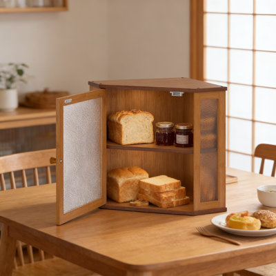 Corner Bread Box For Kitchen Countertop With Double Layer Storage, Bamboo Bread Bin With Translucent Window For Homemade Bread And Baked Goods