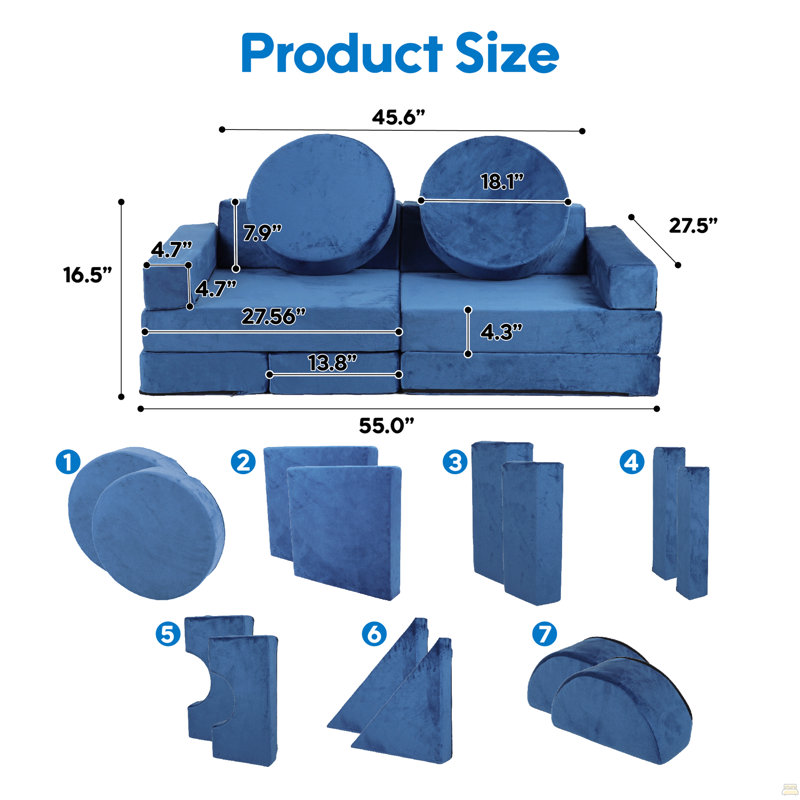 14Pcs Kids Sofa Modular Play Couch,Child Sectional Sofa To Boost Creativity, Blue