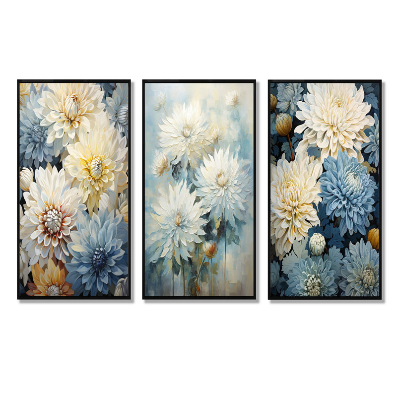 Blooming Mums in Beige and Blue - Ensemble de salon mural 3 pièces Mums, Cadre flottant noir, H 40 po x l 60 po
