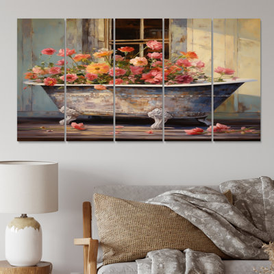 Bathtub With Blossoming Red Tulips V - Tulip Canvas Art Print - 5 Equal Panels