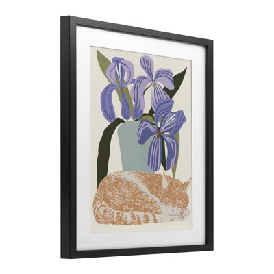 «Modern Cat & Iris Plant», reproduction encadrée sous verre, design par Hannah Beisang