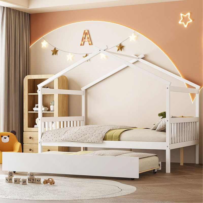Lit double en bois avec lit gigogne simple, Lit double, Blanc