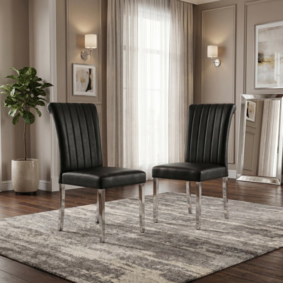 Modern Faux Leather Upholstered Dining Chairs With Rolled High Back And Stainless Steel Legs