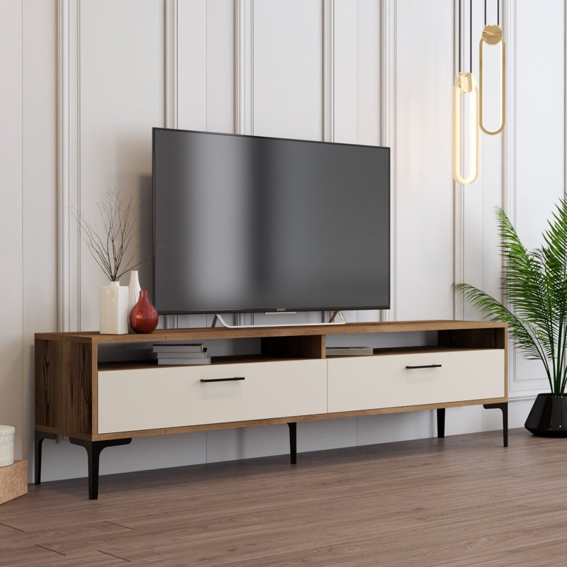 Meuble télé moderne en noyer et crème 70,9 po x 13,8 po x 27,6 po | 100% panneau de particules enduit de mélamine, épaisseur: 0,7 pouce | Design élégant et fonctionnel pour le divertissement dans le salon, idéal pour les décors modernes
