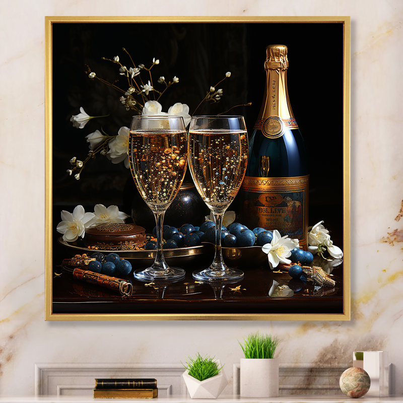 Champagne champagne champagne I - vin, décoration murale champagne, H 16 po x l 16 po x P 1 po, Cadre flottant doré
