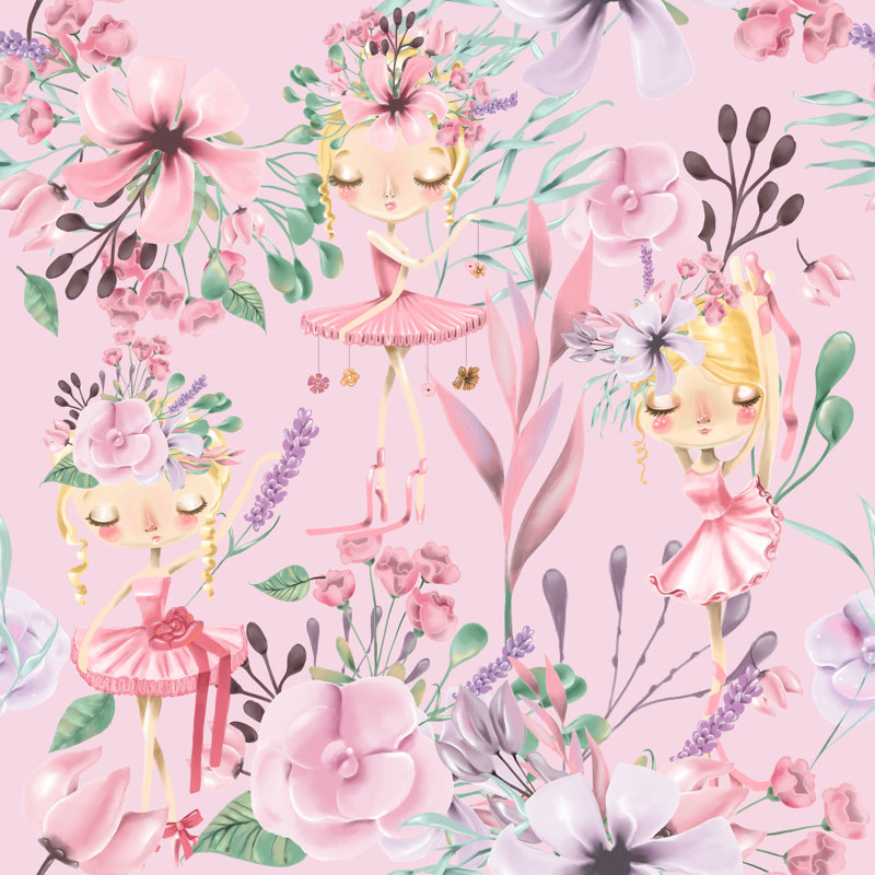 Beautiful Watercolor Floral Seamless Pattern With Cute Ballet Girls, Ballerinas - Wrapped Canvas Print