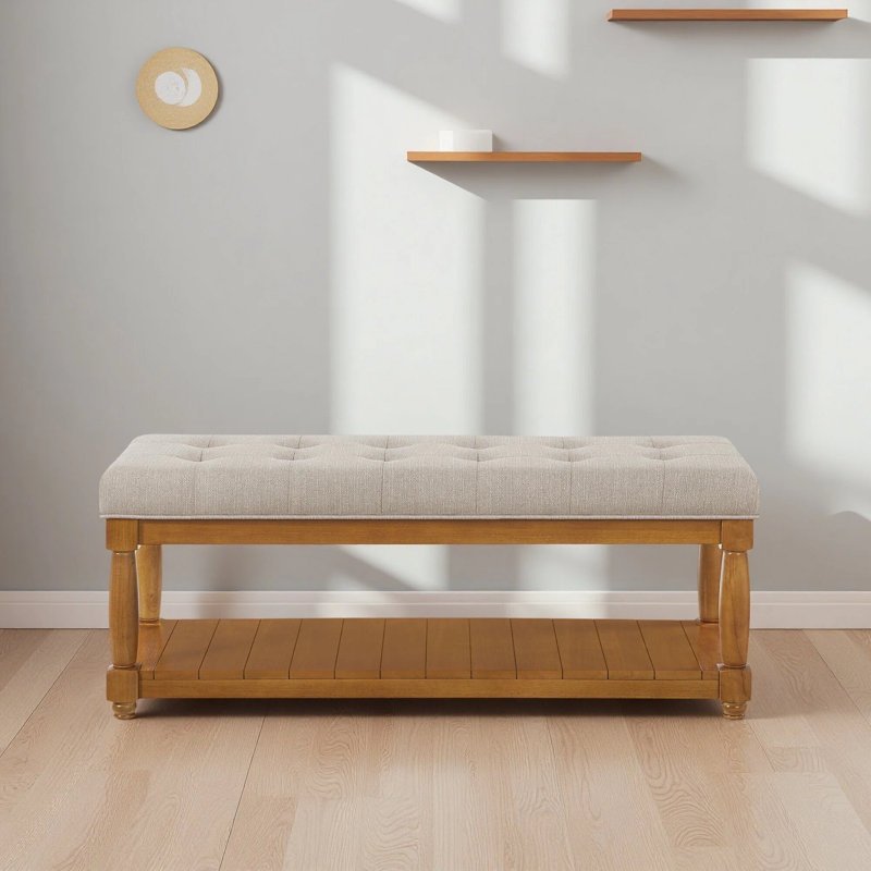 Banc rembourré 44 po avec tablette de rangement Mid-Century, Linen