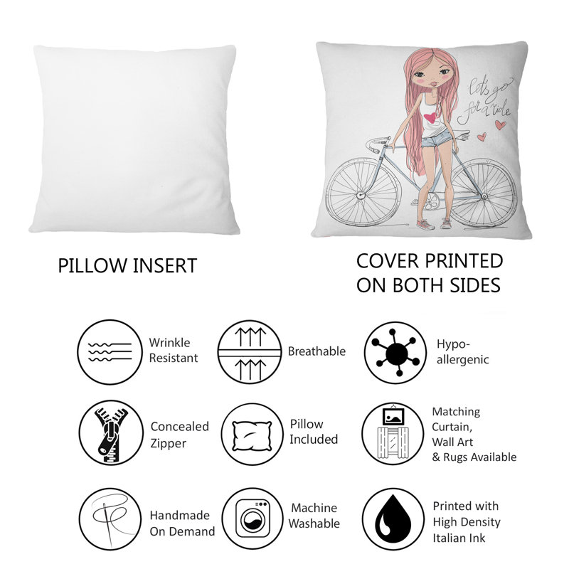 Carré, jeune fille à bicyclette - Coussin décoratif pour enfant, 18" x 18"