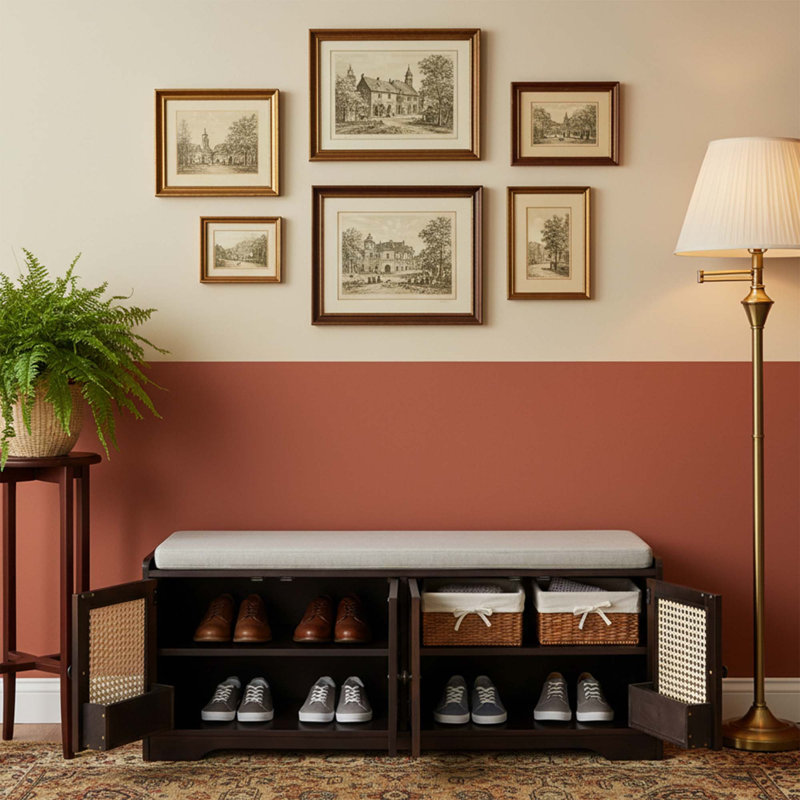 Farmhouse Rattan Door Storage Bench with Cushioned Seat, Adjustable Shelves, Multifunctional Wood Shoe Bench for Entryway, Hallway and Living Room