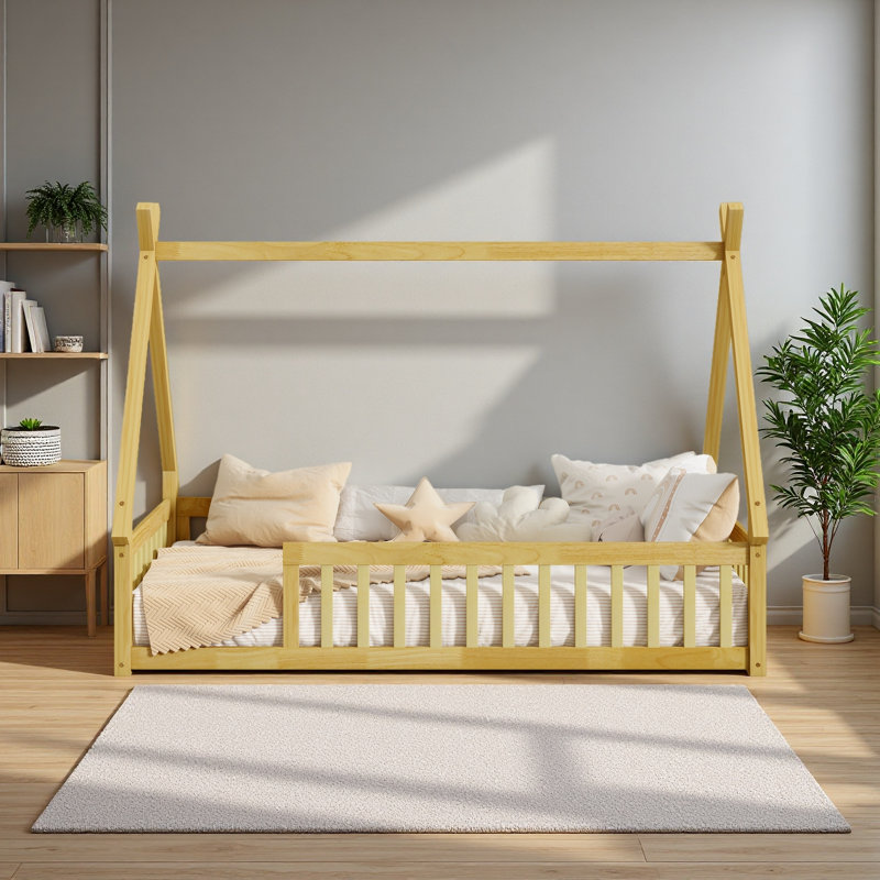 Tent-Shaped Floor Bed,Teepee Bed With Guardrails,Slats, Natural, Twin