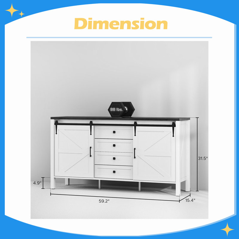 Buffet 59 po, buffet de ferme avec plateau épais, 2 portes de grange, 4 tiroirs et 2 tablettes réglables