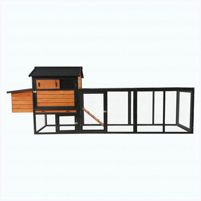Poulailler en bois brun et noir, grand poulailler extérieur avec cage de poulailler et nichoir, clapier à lapin, panneau anti-UV imperméable pour la cour arrière