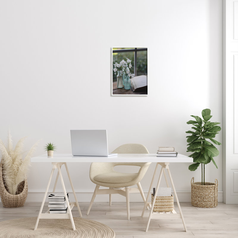 " Delicate White Flowers Cottage ", 20" H x 16" W x 1.5" D, Coastal White Framed Giclee