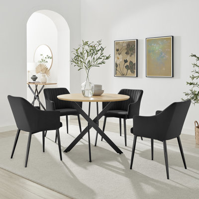Hadlow Veneer & Metal Round Dining Table With Calley Fabric Chairs - Modern Statement Design