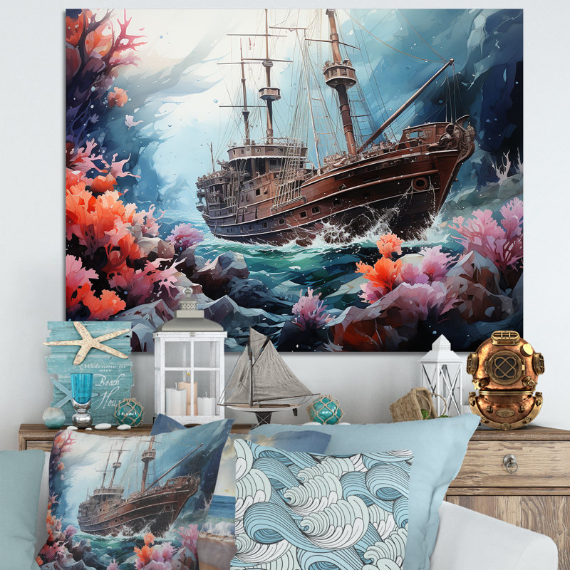 «Pirate Boat Under Water Memory II» - Décoration murale plage et océan, H 12 po x l 20 po x P 1 po, Toile tendue