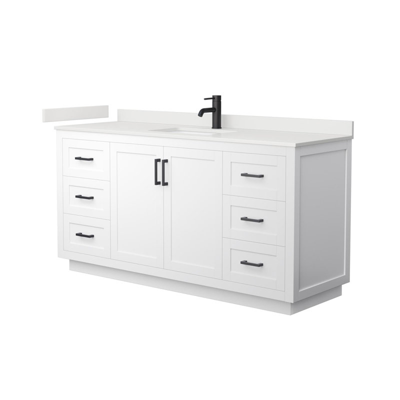 Meuble-lavabo simple autoportant de 66 po avec plateau en quartz Miranda, Quartz blanc, Blanc, Noir mat