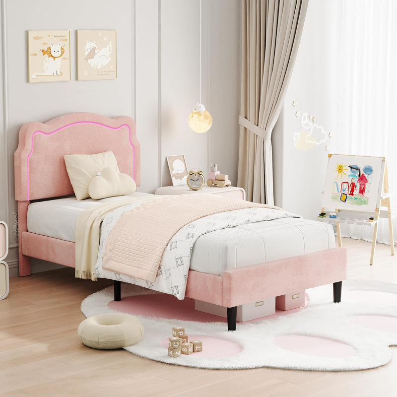 Upholstered Twin Platform Bed for Kids with Adjustable Bear-Shaped Headboard, Pink