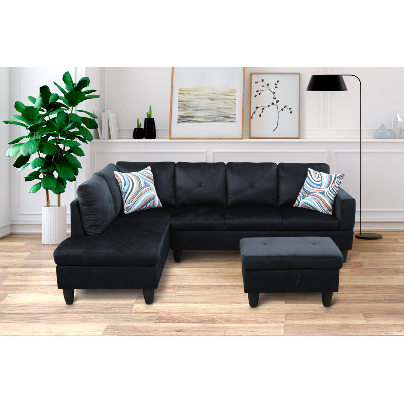 Stotfold Upholstered L-Shaped Sectional Right Hand Facing, Oreo Black Velvet, Left Hand Facing