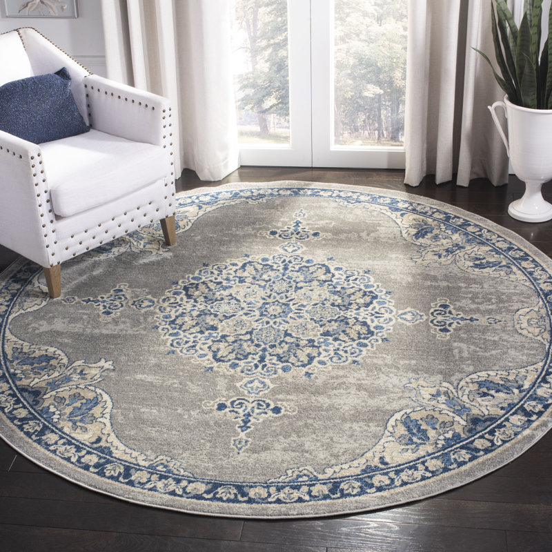 Barcus Light Gray/Blue Rug, Round 9'