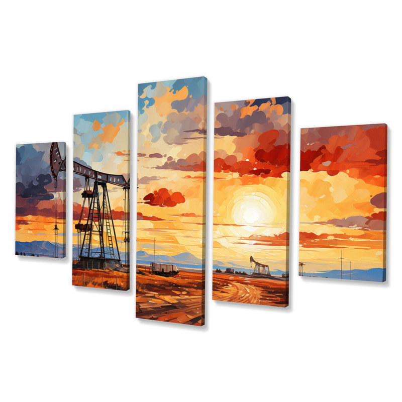 «Orange Oil Rigs Pumpjack In Texas I», reproduction d'art sur toile - 5 panneaux