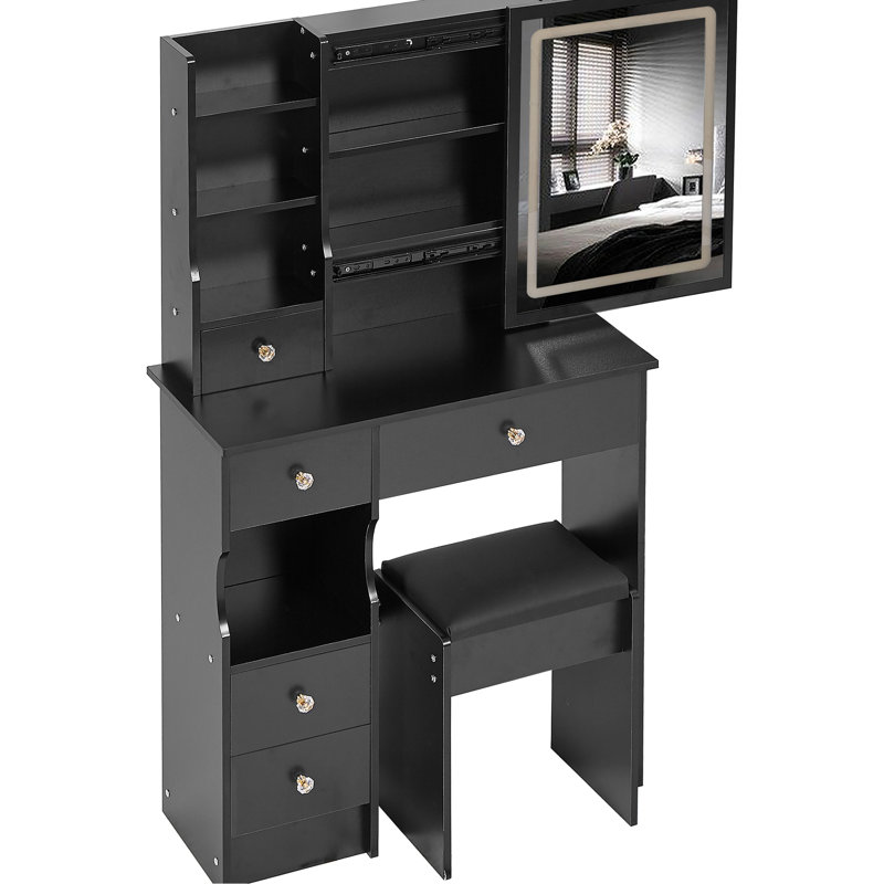 Table de coiffeuse de 29,2 po, tiroir de gauche, tabouret rembourré, commande tactile, miroir réglable de luminosité tricolore, chambres à coucher de petite capacité avec empreinte de pas variable