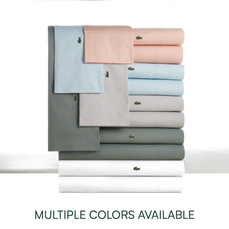 Lacoste Center Line Cotton Percale Sheet Set, Lightweight and Breathable Crisp Feel with Embroidered Crocodile, White, King