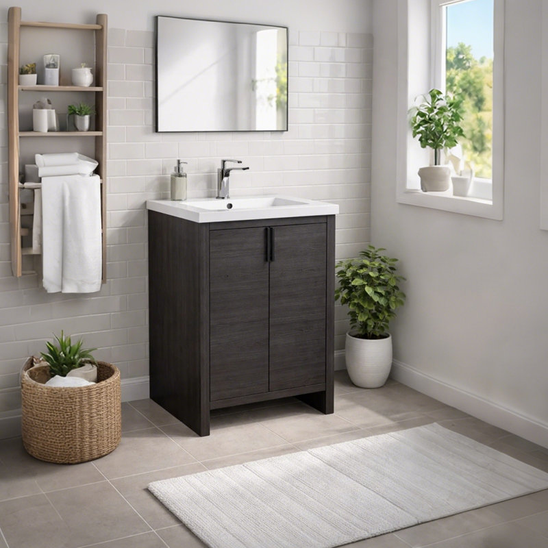 24'' Freestanding Bathroom Vanity In Leached Oak With Resin Top