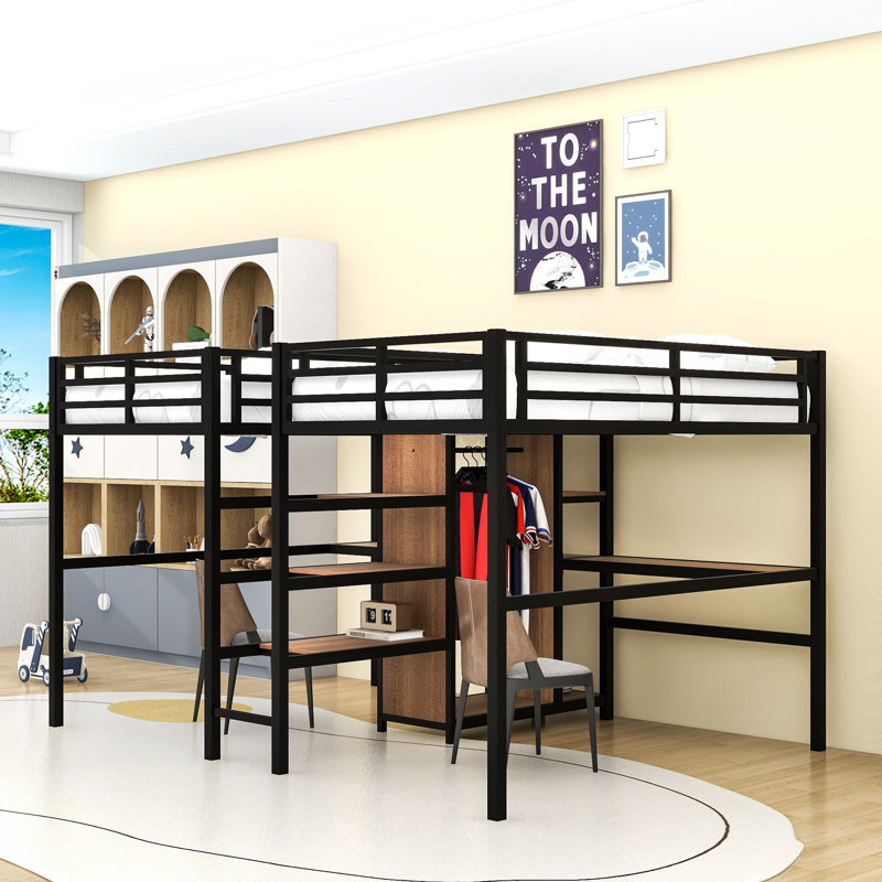 Twin & Twin Metal Loft Bed With Double Desk, Wardrobe, Shelves, Charging Station And Guardrails, Woodgrain
