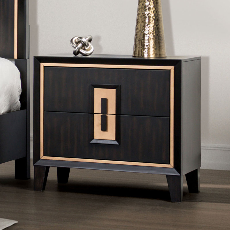 Table de chevet espresso, mobilier de chambre moderne avec garniture dorée et poignée en bois
