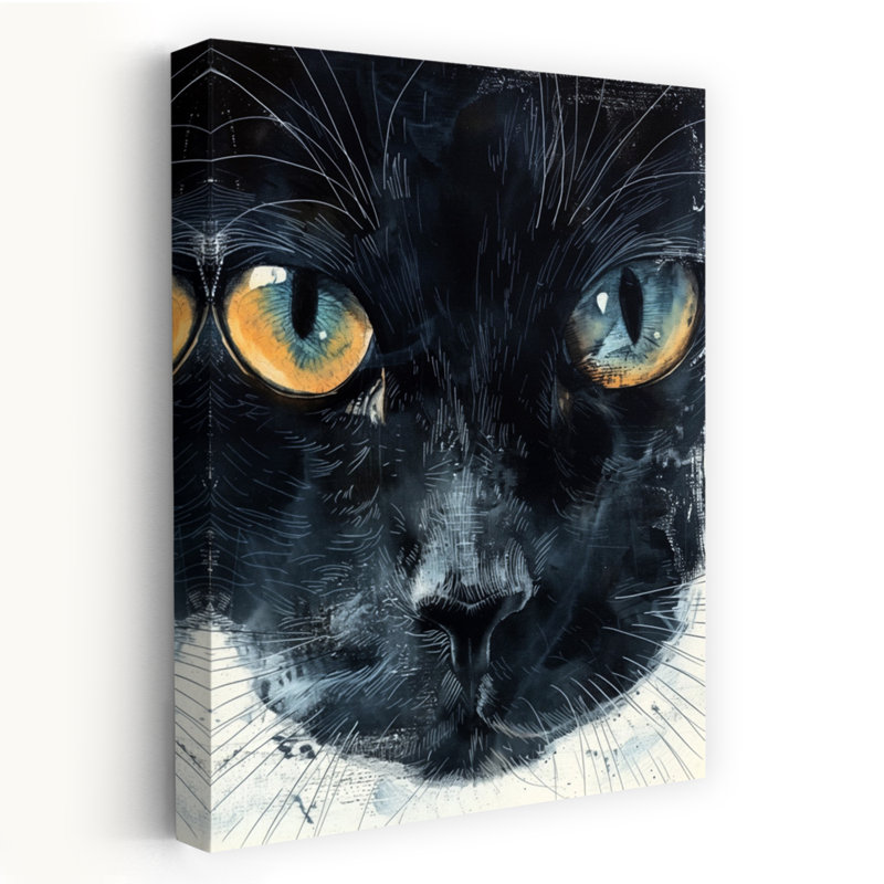 Chat noir captivant, art mural contemporain, H 36 po x l 24 po