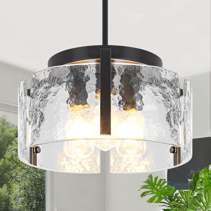 Lustre tambour 3 lumières Bora avec abat-jour en verre martelé transparent, luminaire suspendu de style campagne moderne réglable pour la salle à manger, îlot de cuisine