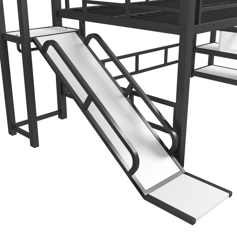 Lit mezzanine double avec glissade et escalier, lit de jeu en métal avec tablettes de rangement, toit en forme de maison et conception silencieuse, noir