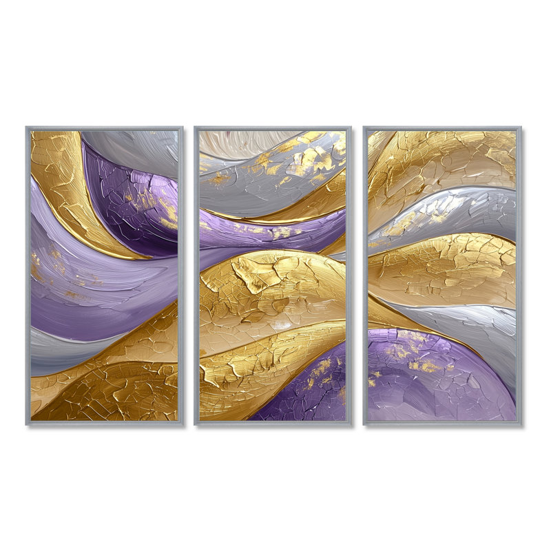 Abstrait doré lavande fractale vagues II - art mural vagues - ensemble de 3, H 40 po x l 60 po, Argent argent