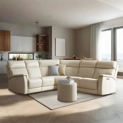 105" Leather Reclining Sectional, 2 Power Recliners, Adjustable Lumbar Support & Headrest