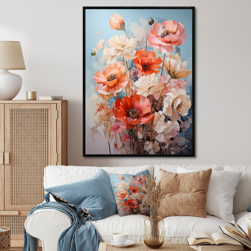 Coral Poppies Romantic Impression I - Floral & Botanical Canvas Prints, H 32 po x l 16 po x P 1 po, Cadre flottant noir