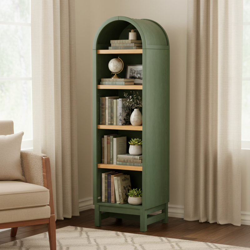 Dark Green And Light Honey Color, Narrow Arched Bookcase, Home Storage Cabinet With Narrow Gaps, Multi-Tiered Floor-Standing Open Display Bookshelf For Living Room And Study.