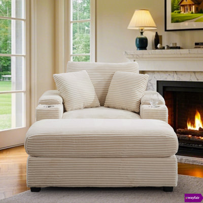 Ayvion 42.12" W Corduroy Upholstered Chaise Lounge Sofa with Handrail storage,Movable ottoman,Cupholders.