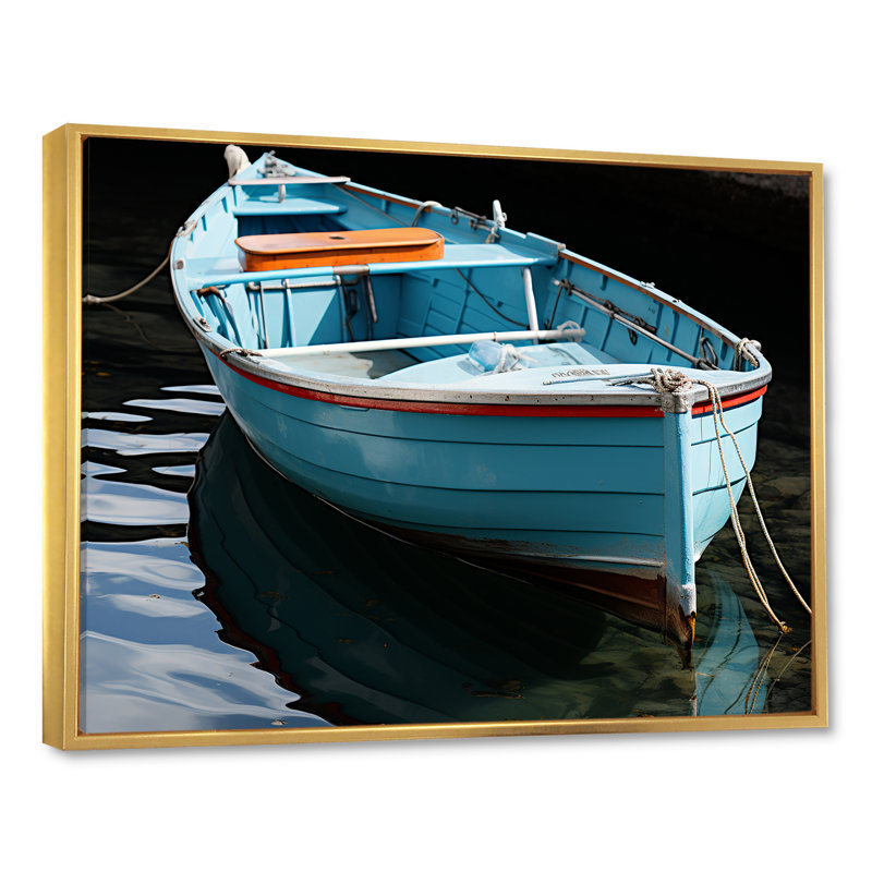 Bateau de pêche bleu et rouge - Bateau de pêche, art mural, Cadre flottant doré, H 34 po x l 44 po x P 1,5 po