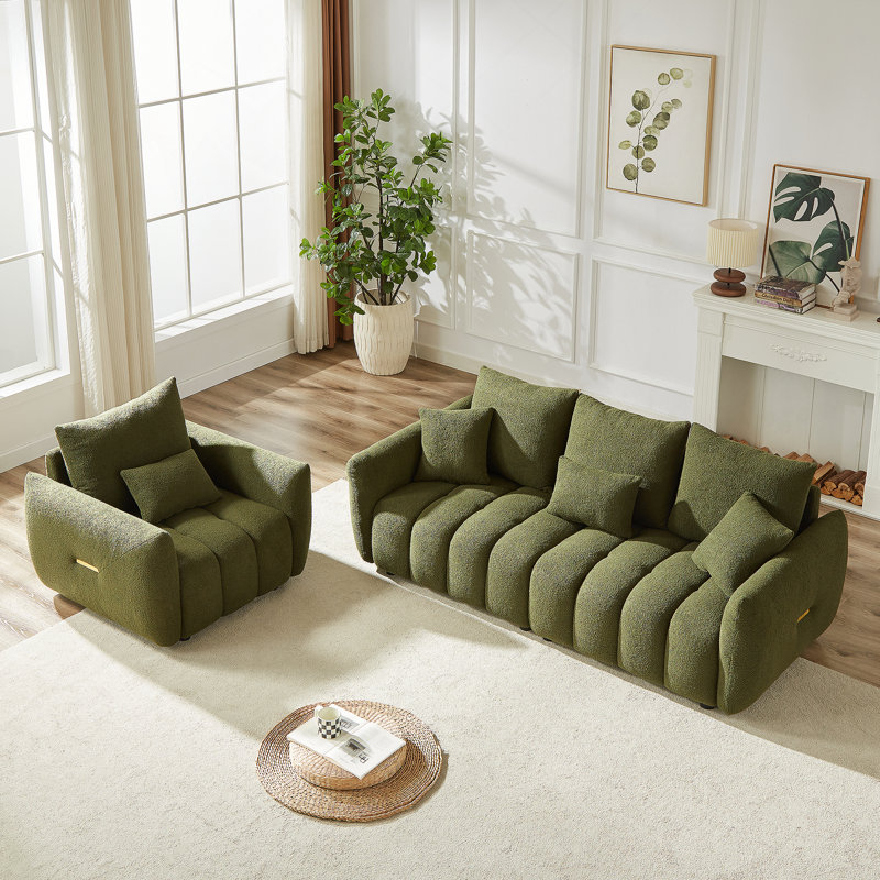 Modern 3+1 Seater Teddy Sofa Combo With Wooden Frame And Plush Cushions For Compact Living Spaces., Green