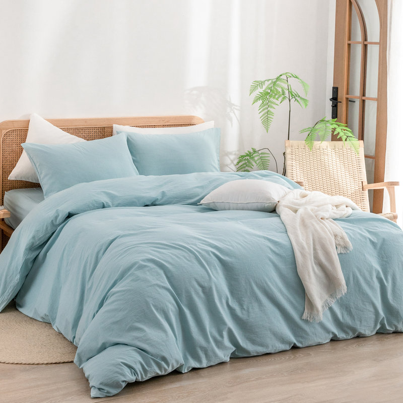 BESTOUCH Duvet Cover Set 100% Washed Cotton Linen Feel Lightweight, Queen Duvet Cover + 2 Standard Pillowcases, Hushed Green