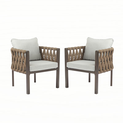 2-Pieces Outdoor Metal Patio Club Chair, Patio Furniture Arm Chair with Cushion, Modern Outdoor Furniture Deep Seating for Porch, Garden, Backyard, Balcony, Brown & Light Grey