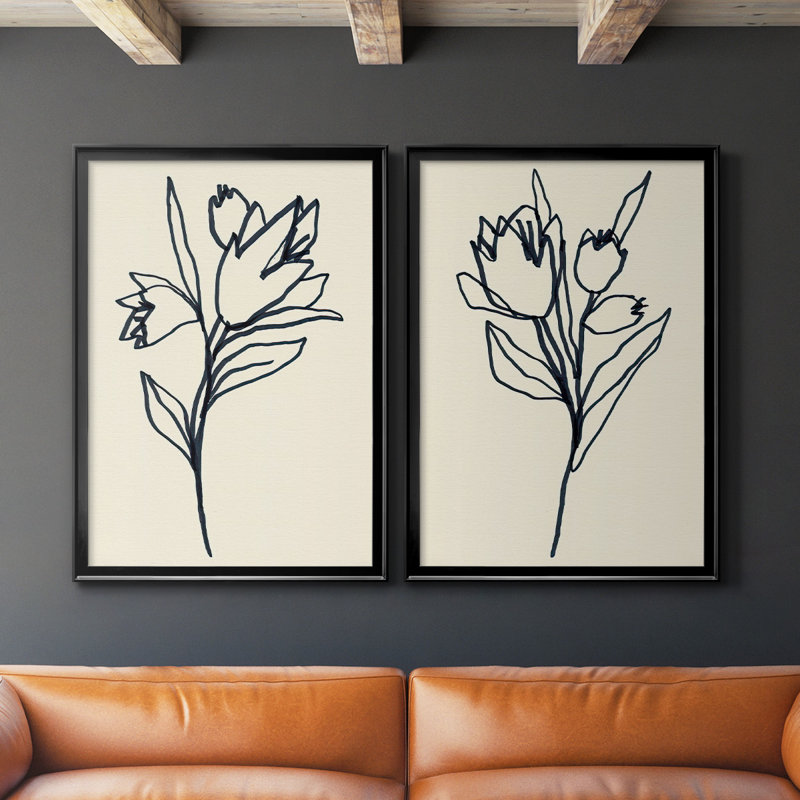 Floral Marker I - Ensemble de 2 reproductions d'art sur toile encadrées, Noir, H 24,5 po x l 37 po x P 1,25 po