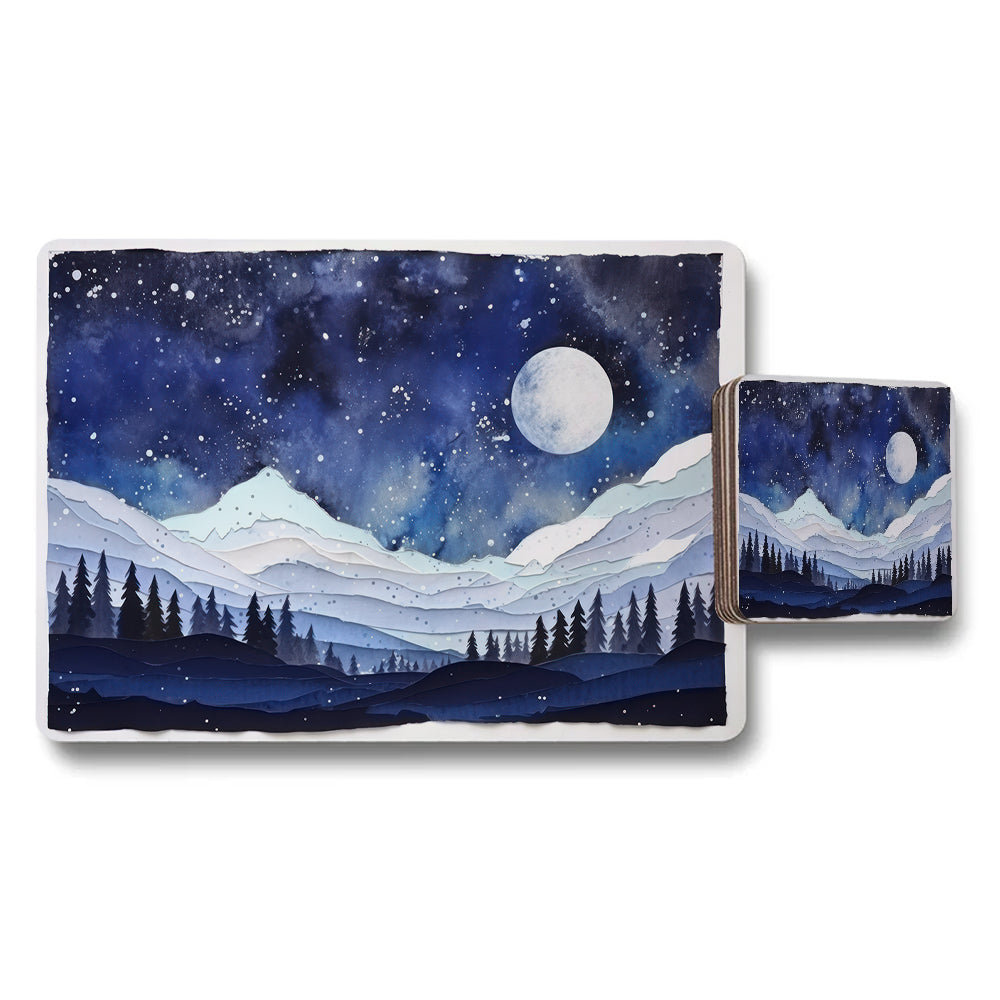Moonlit Mountain Landscape Placemats And Coaster Set