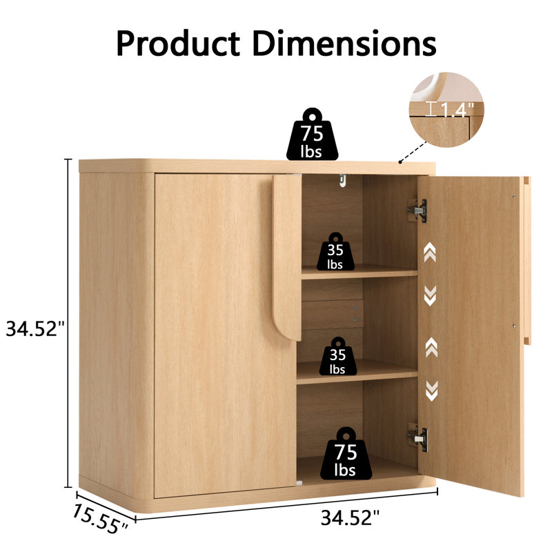  34.5'' Sideboard Buffet Cabinet With Curved Handles & Adjustable Shelves, Natural Oak, Natural