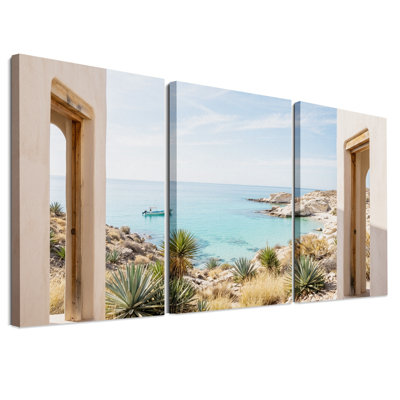 Ensemble de 3 toiles murales avec vue sur la mer turquoise à travers des arcades en pierre