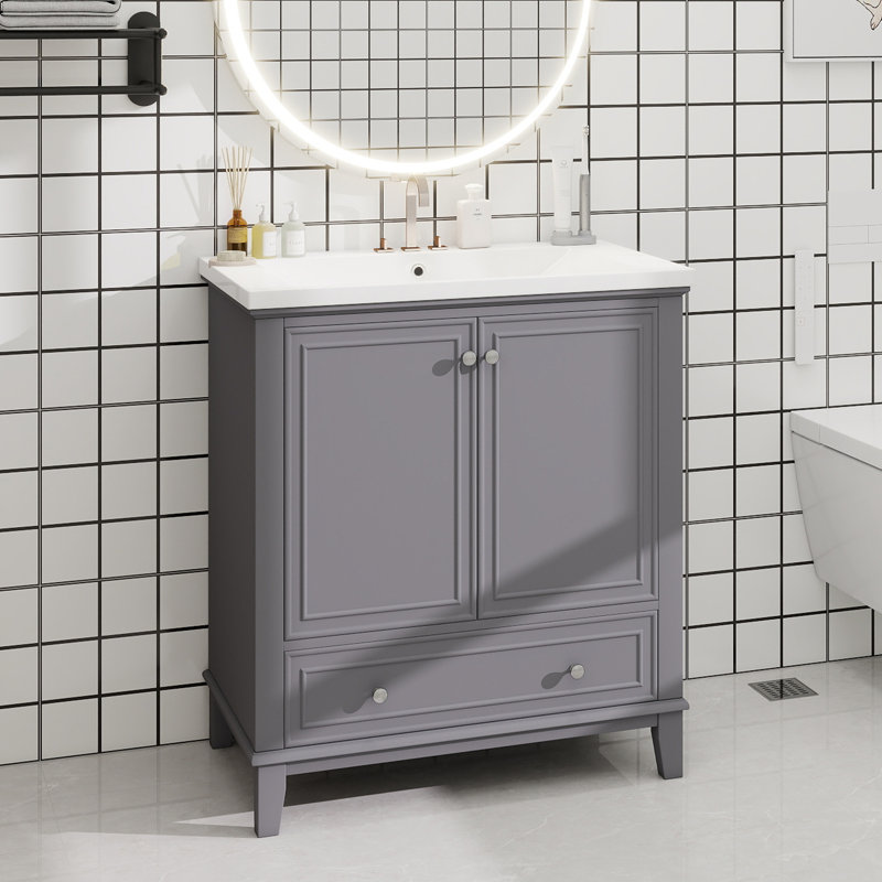 Meuble-lavabo 30 po sans lavabo, base seulement, armoire de salle de bain multifonctionnelle avec portes et tiroir, cadre solide et panneau de fibres à densité moyenne