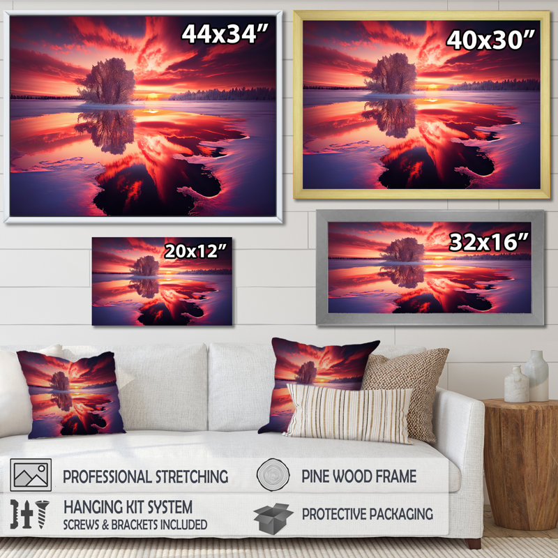 «Majestic Sunshine Over Snowy Winter Lake I», reproduction sur toile, H 12 po x l 20 po x P 1 po, Encadrement doré